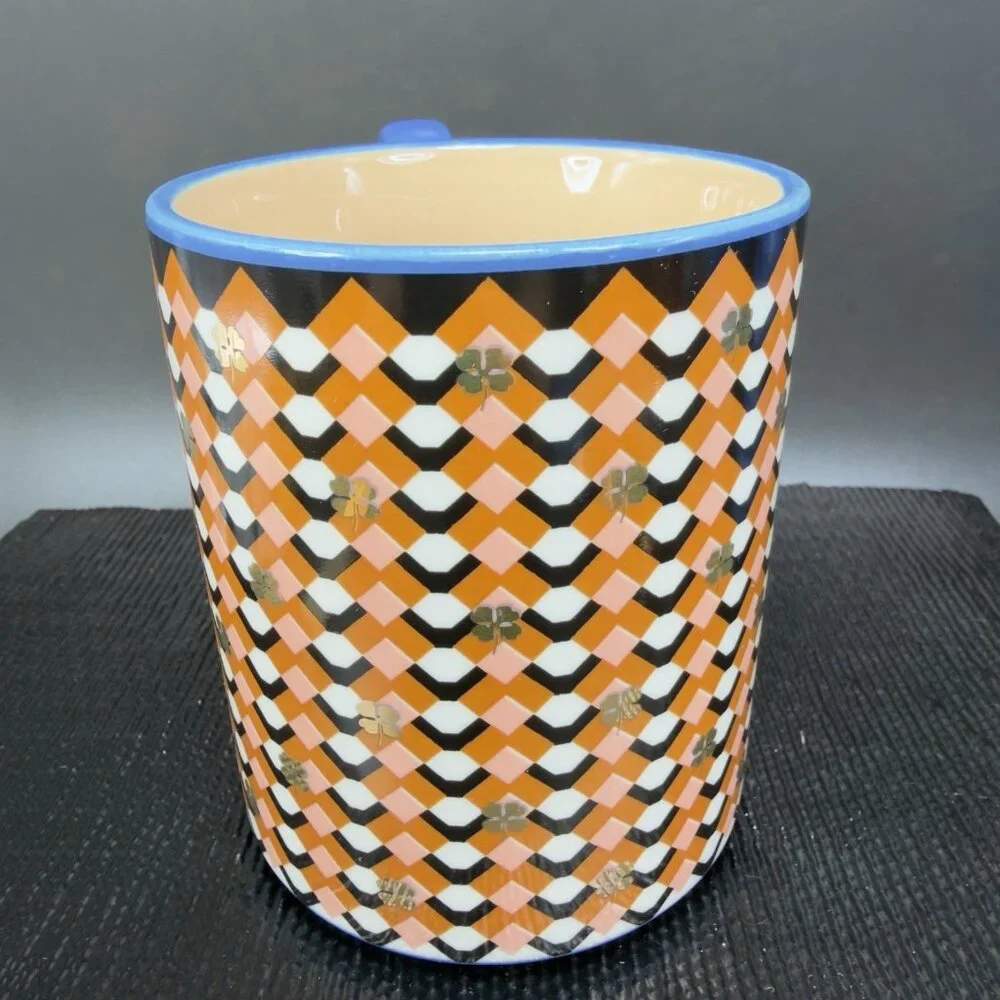Anthropologie Bistro Tile Ceramic Coffee Mug Cup Monogram Letter S Shamrocks Mug